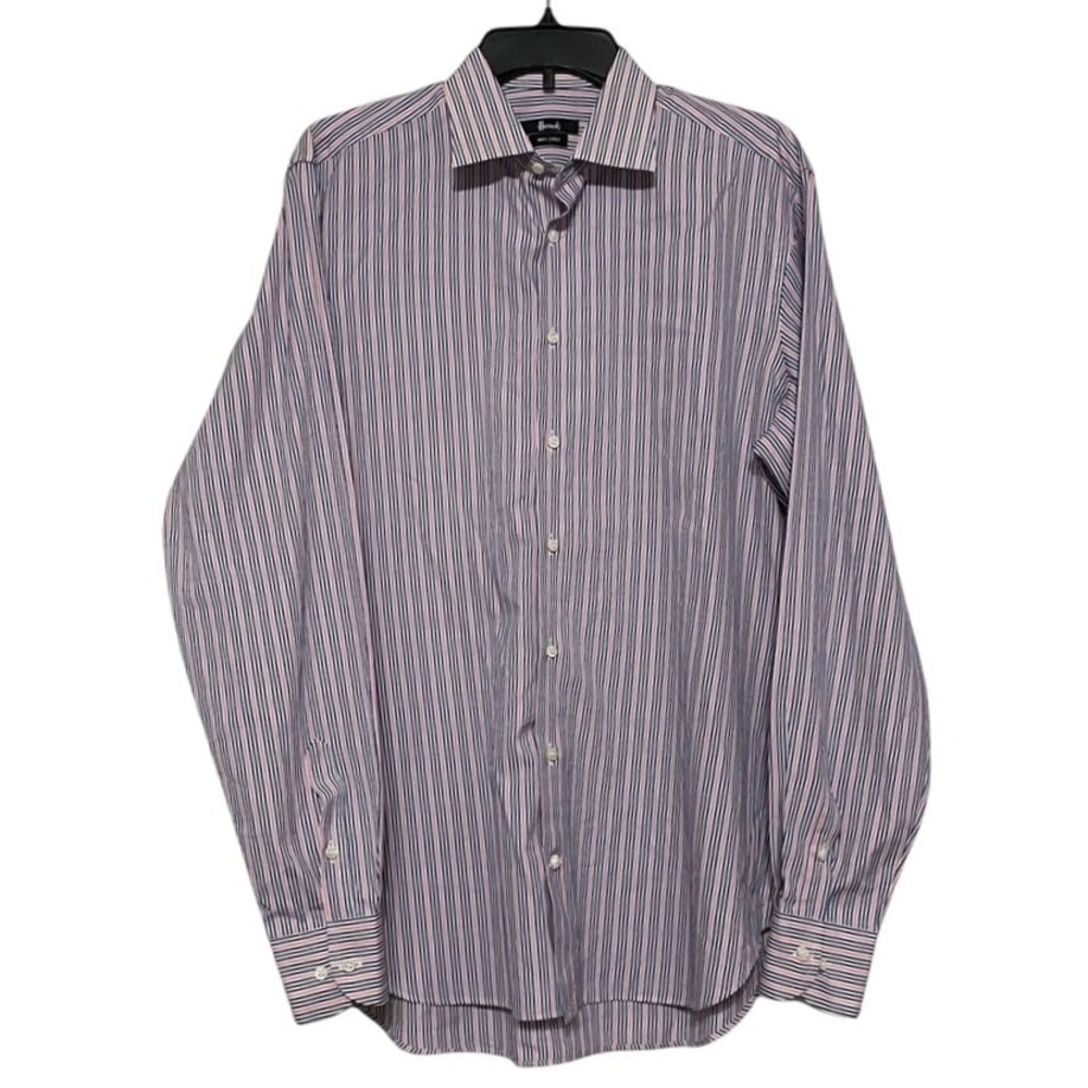 Harrods Men's Striped Dress Shirt Large Blue and White 100's 2-Ply‎ *READ*